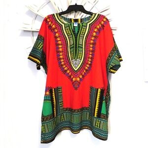 Mama & Papa Red Dashiki Tunic‎ Top 100% Cotton Thailand OS